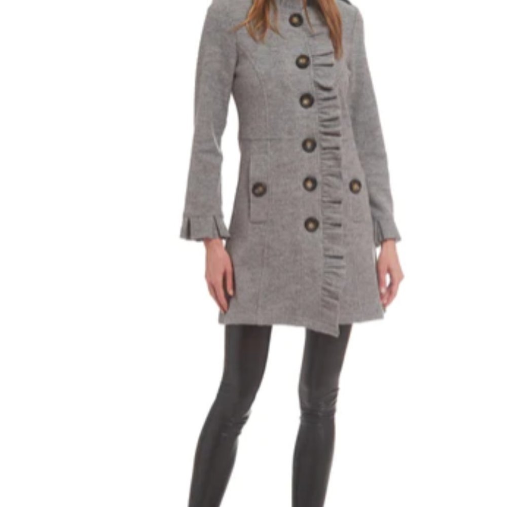 Covington grey wool blend frill short pea coat, size S